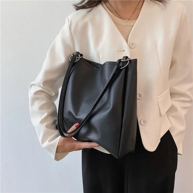 Large Capacity Solid Shoulder Bag PU Leather Office Ladies Tote