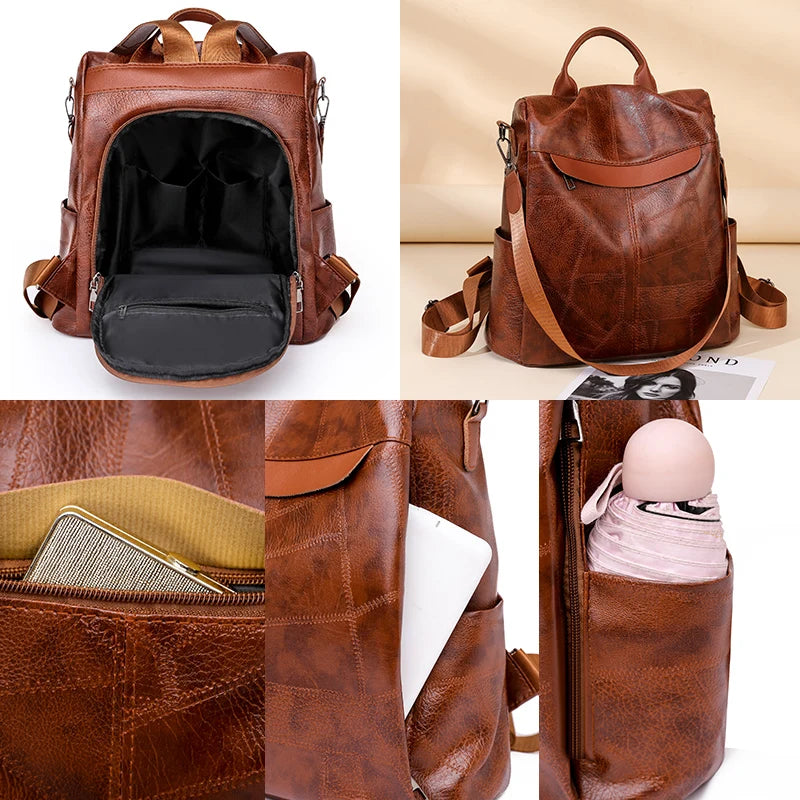 Vintage Leather Women Backpack College Girl Backpack