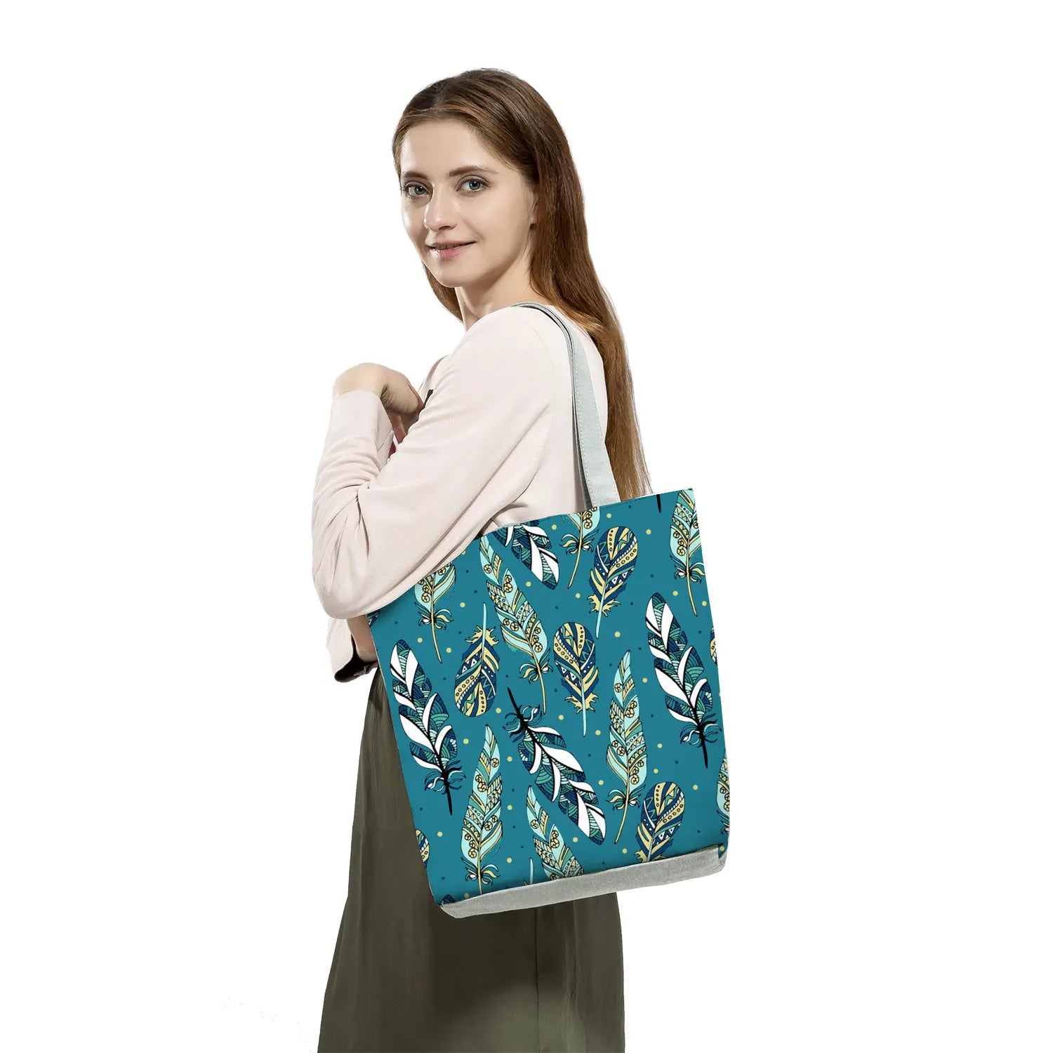 Feather Print Shoulder Bag Casual Women High Capacity Tote Shopping Bag