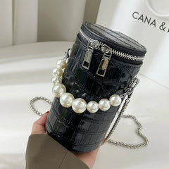 Snake Pattern Cylinder Shoulder Bag For Women PU Chain Crossbody Bucket Handbag