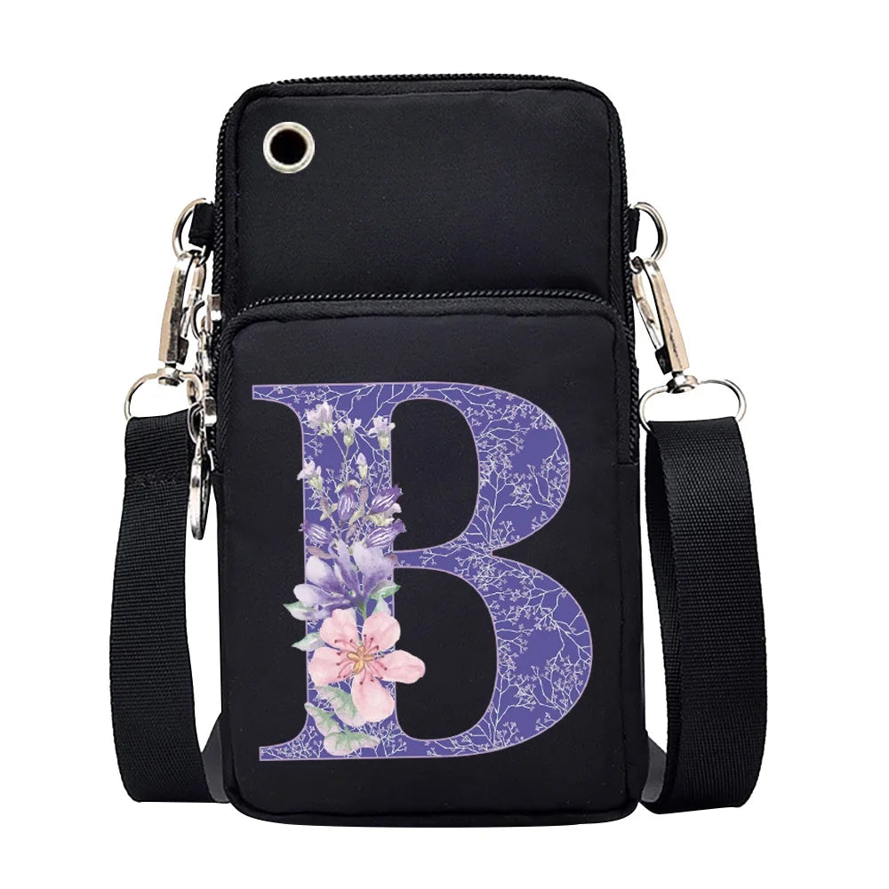 Purple Flower Print CrossBody Bag Waterproof Phone Shoulder Bag