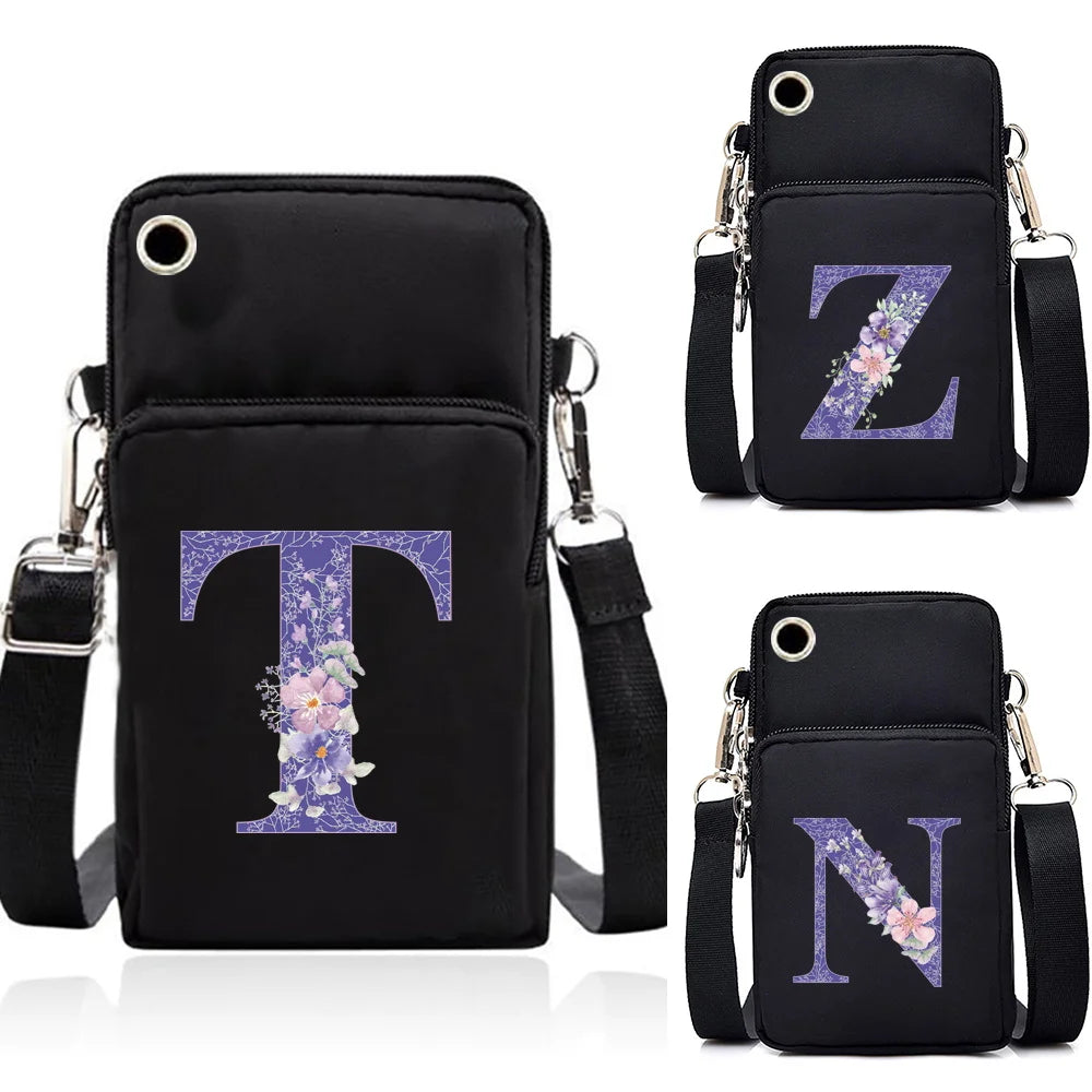 Purple Flower Print CrossBody Bag Waterproof Phone Shoulder Bag