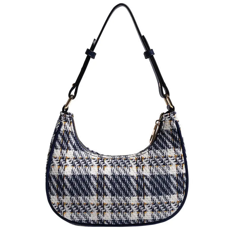 Plaid Woolen Vintage Shoulder Bag Crossbody Half Moon Students All-match