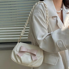 Sweet Bow Shoulder Bag Women Crossbody Soft PU Leather Handbag