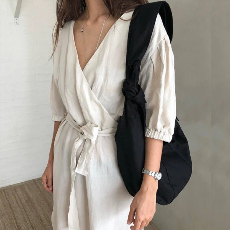 Canvas Shoulder Bag Women Cross-body Handbag Solid Color Large Capacity