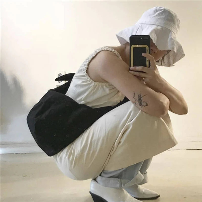 Canvas Shoulder Bag Women Cross-body Handbag Solid Color Large Capacity