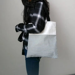 Canvas Striped Shoulder Bag Large Capacity Casual Handbag Zipper Ulzzang