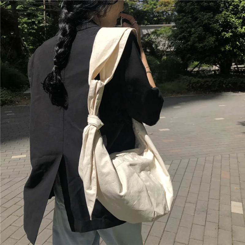 Canvas Tie Cross-body Shoulder Bag Women Solid Large Capacity Underarm Bag