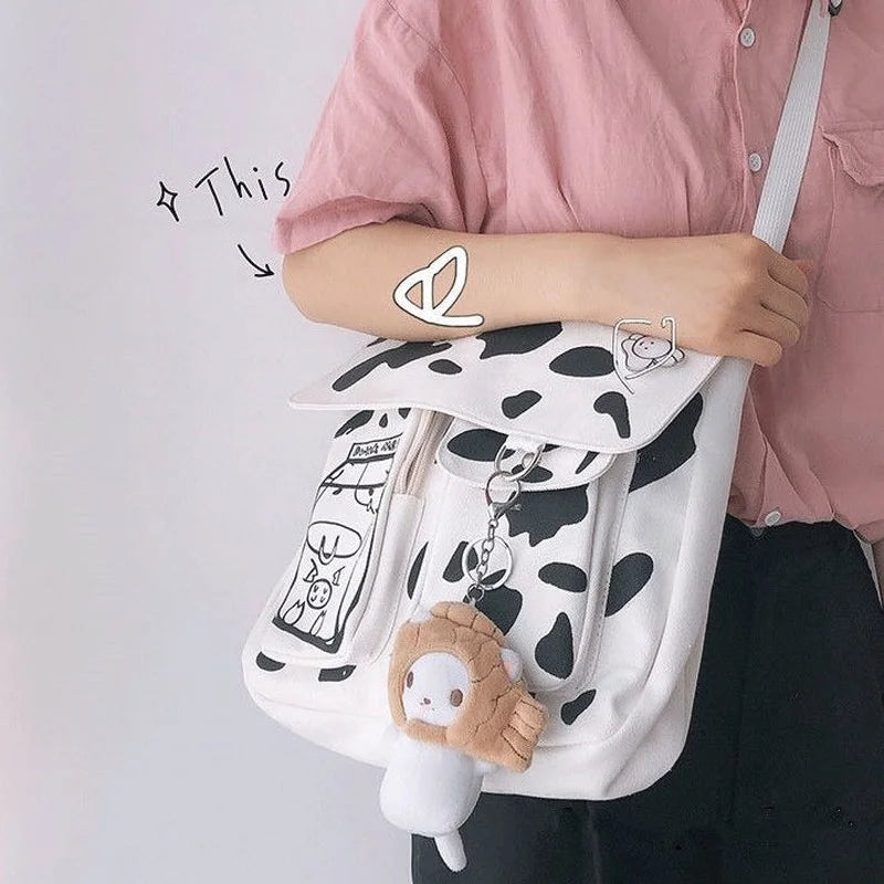 Cow-printing Shoulder Bag Women Canvas Tote Harajuku Cross-body Satchel