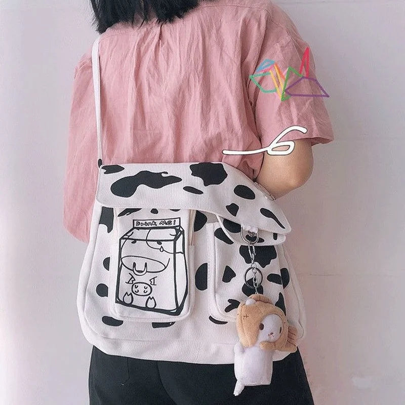 Cow-printing Shoulder Bag Women Canvas Tote Harajuku Cross-body Satchel