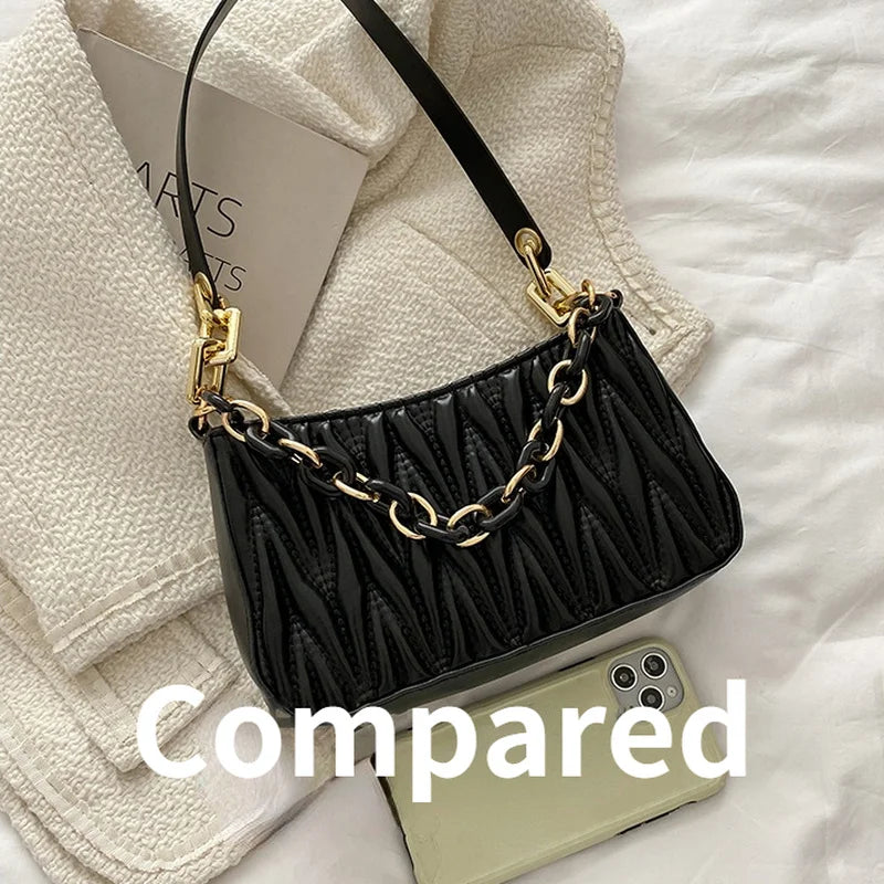 Women Chains Pleated Handbag High Street Zipper Underarm Bag Female Tote