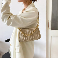 Women Chains Pleated Handbag High Street Zipper Underarm Bag Female Tote