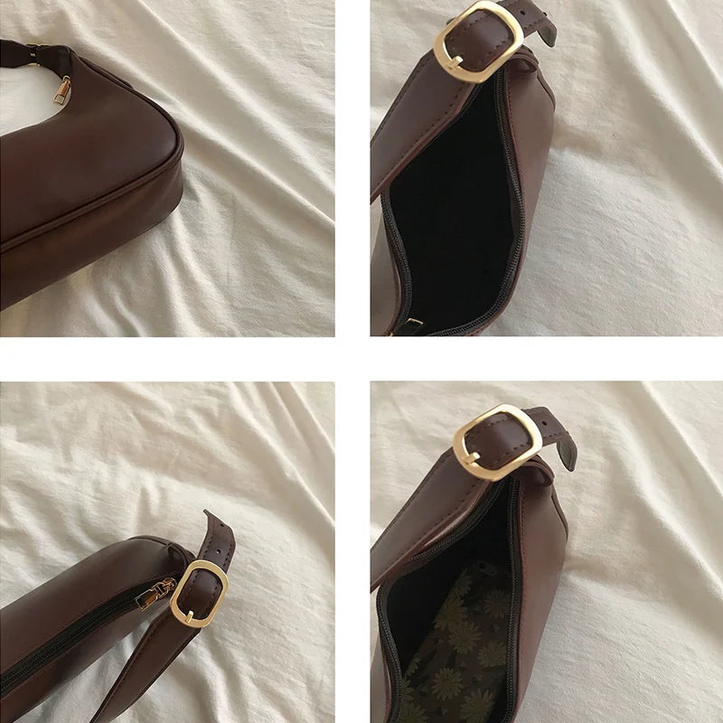 Women PU Leather Half Moon Underarm Bag Retro Handbag