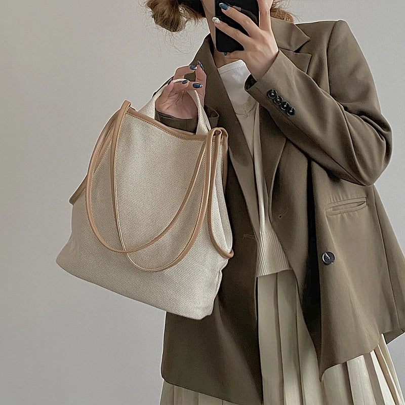 Shoulder Bags Women Casual Handbags Two Straps Linen Bucket Large Capacity