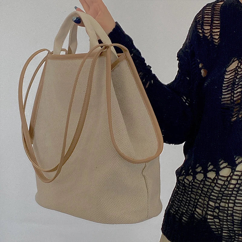 Shoulder Bags Women Casual Handbags Two Straps Linen Bucket Large Capacity