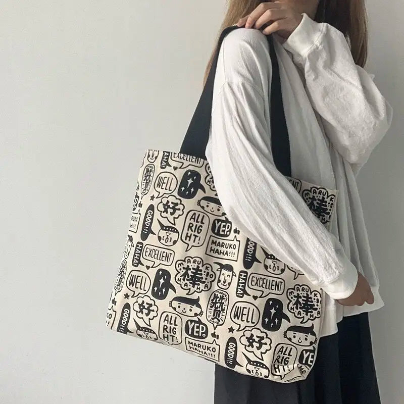 Women Cartoon Printed Canvas Shoulder Bag Large Capacity Bookbag