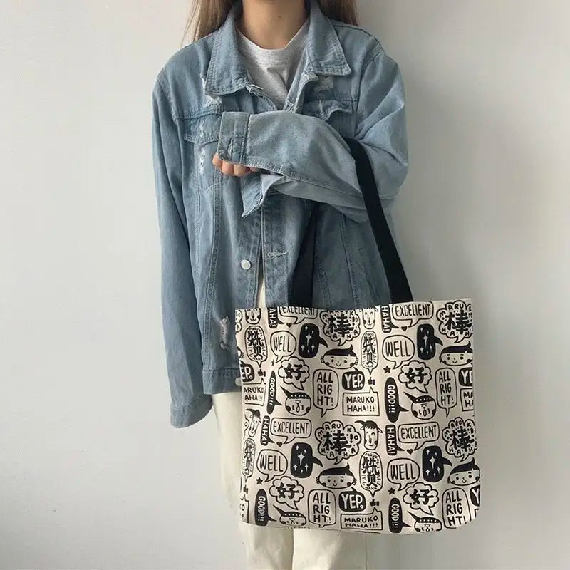 Women Cartoon Printed Canvas Shoulder Bag Large Capacity Bookbag