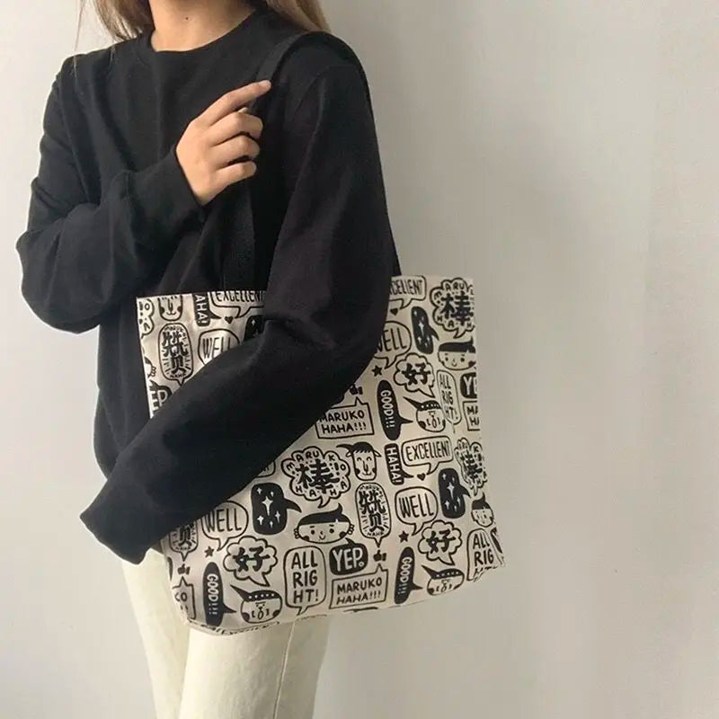 Women Cartoon Printed Canvas Shoulder Bag Large Capacity Bookbag
