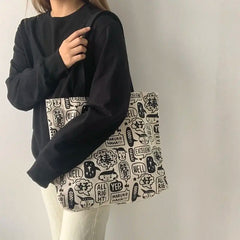 Women Cartoon Printed Canvas Shoulder Bag Large Capacity Bookbag