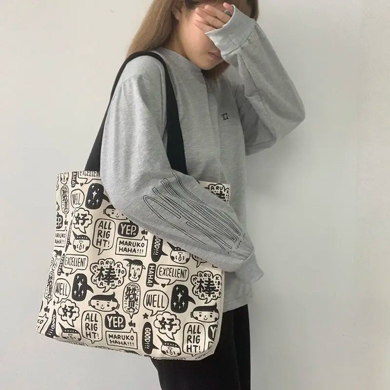 Women Cartoon Printed Canvas Shoulder Bag Large Capacity Bookbag