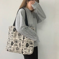 Women Cartoon Printed Canvas Shoulder Bag Large Capacity Bookbag