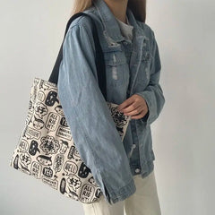 Women Cartoon Printed Canvas Shoulder Bag Large Capacity Bookbag