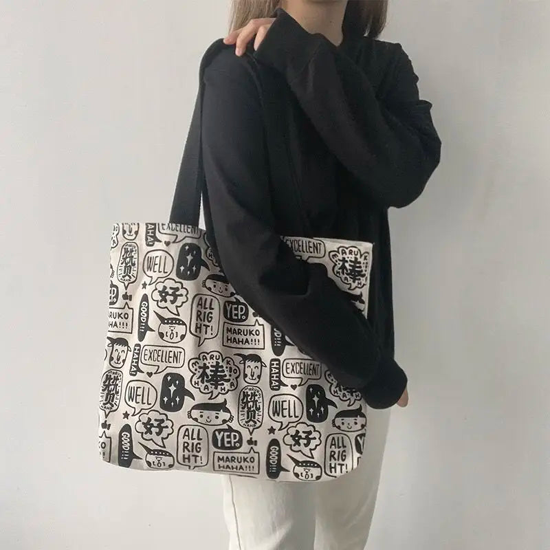 Women Cartoon Printed Canvas Shoulder Bag Large Capacity Bookbag