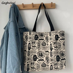 Women Cartoon Printed Canvas Shoulder Bag Large Capacity Bookbag