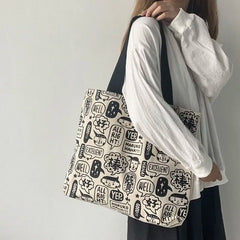 Women Cartoon Printed Canvas Shoulder Bag Large Capacity Bookbag