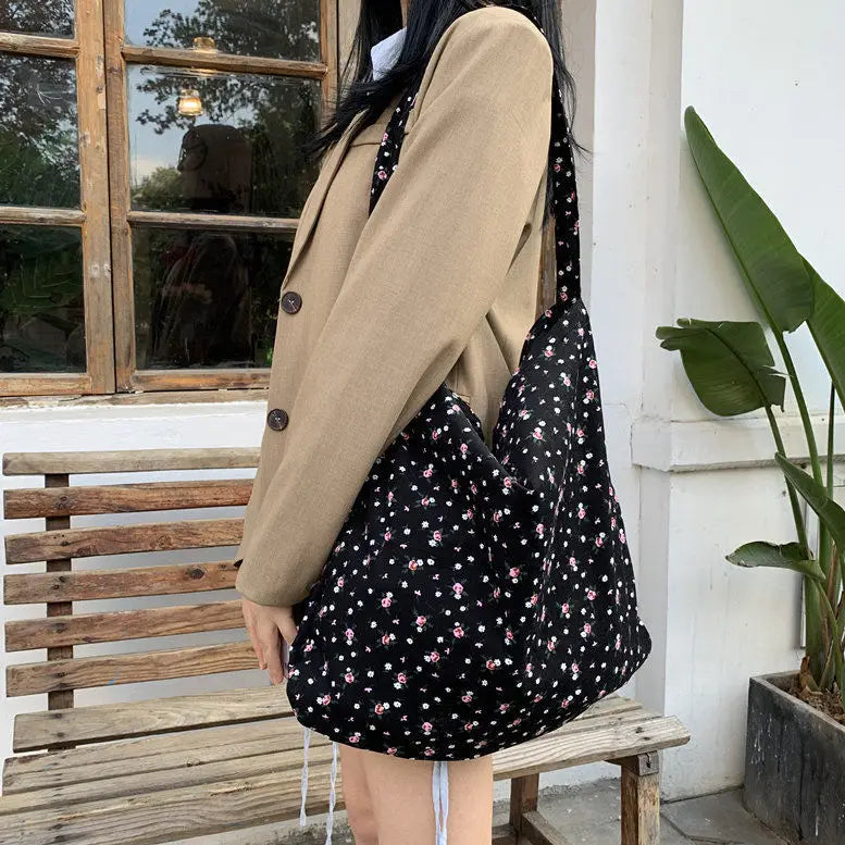 Floral Corduroy Shoulder Bag Large Capacity Retro Women's Handbag