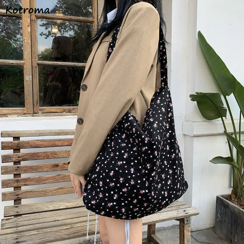Floral Corduroy Shoulder Bag Large Capacity Retro Women's Handbag