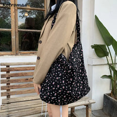 Floral Corduroy Shoulder Bag Large Capacity Retro Women's Handbag