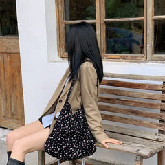 Floral Corduroy Shoulder Bag Large Capacity Retro Women's Handbag