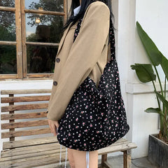 Floral Corduroy Shoulder Bag Large Capacity Retro Women's Handbag