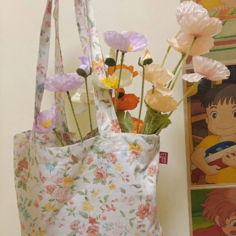 Floral Canvas Shoulder Bag Large Capacity Vintage Tote