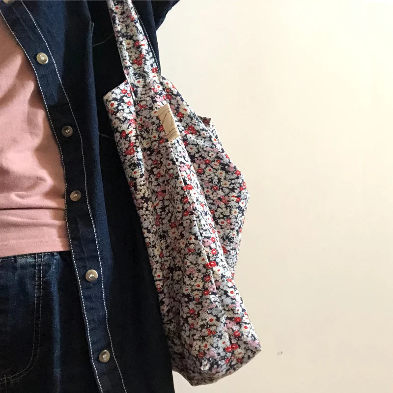 Floral Shoulder Bag Women Thin Cotton Tote Big Capacity Sling Crossbody