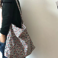 Floral Shoulder Bag Women Thin Cotton Tote Big Capacity Sling Crossbody