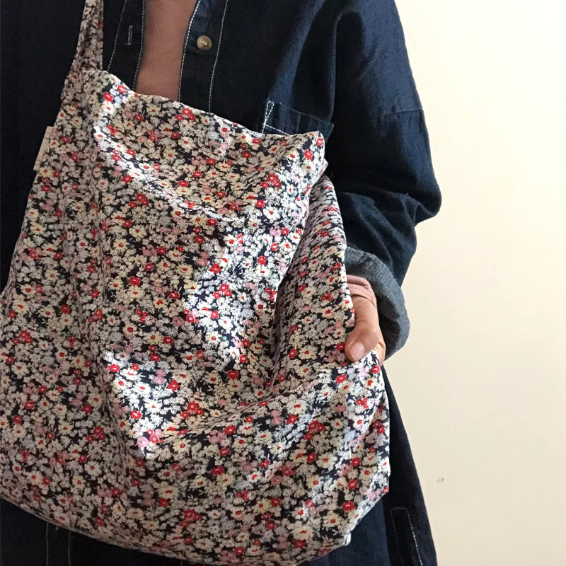 Floral Shoulder Bag Women Thin Cotton Tote Big Capacity Sling Crossbody