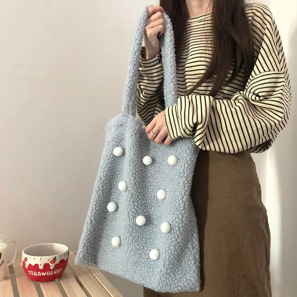 Winter Shoulder Bag Women Large Capacity Fluffy Ball Girls Book Bag