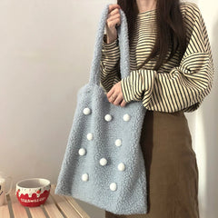 Winter Shoulder Bag Women Large Capacity Fluffy Ball Girls Book Bag
