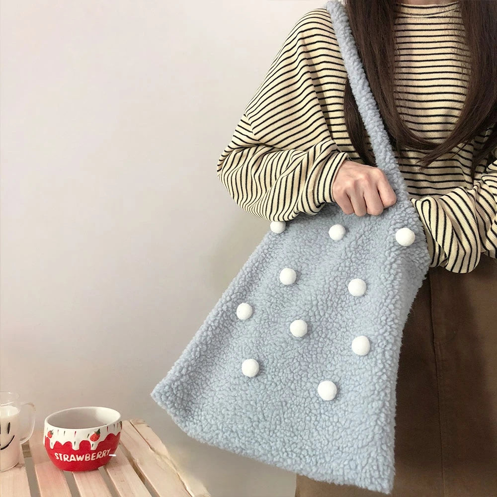 Winter Shoulder Bag Women Large Capacity Fluffy Ball Girls Book Bag