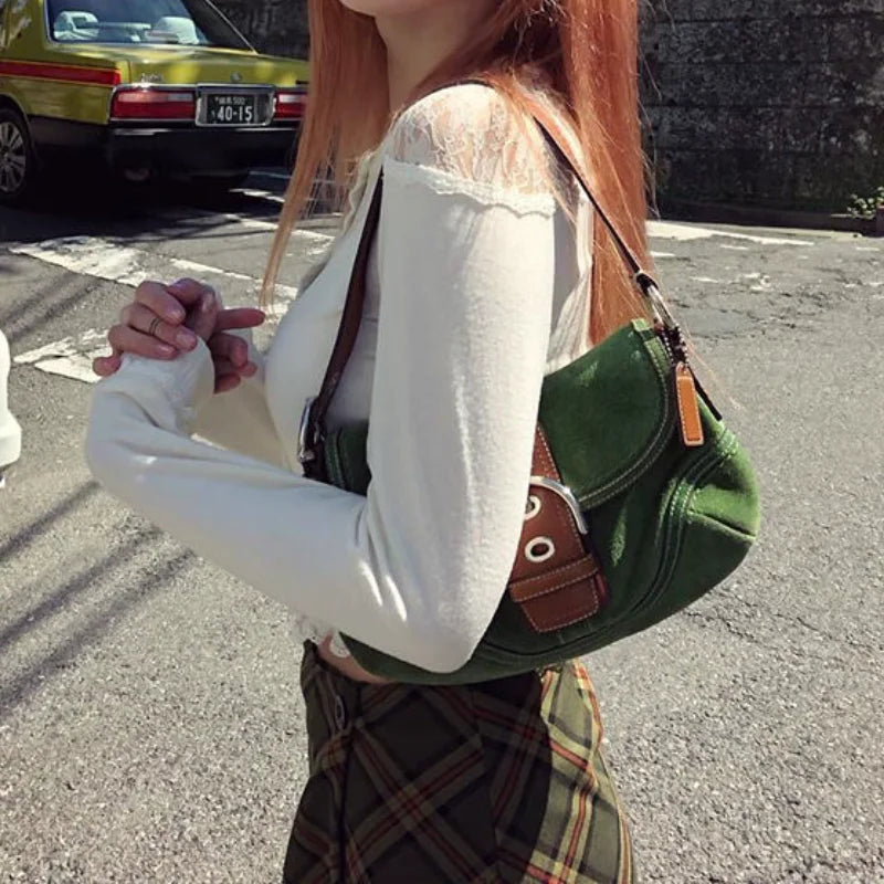 Vintage Patchwork Green Shoulder Bag Women