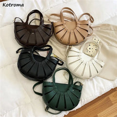 Shoulder Bags Women Hollow Out Cross Body Half Moon Bag Retro PU Leather Handle