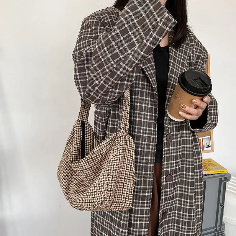 Houndstooth Crossbody Bag Wide-straps Zipper Vintage
