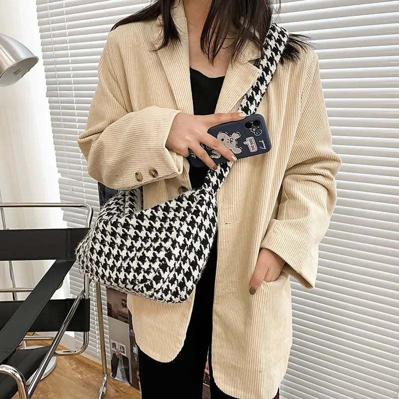 Houndstooth Crossbody Bag Wide-straps Zipper Vintage