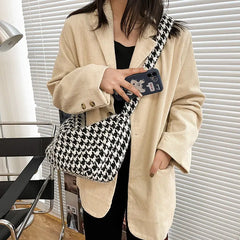 Houndstooth Crossbody Bag Wide-straps Zipper Vintage