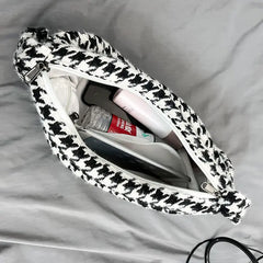 Houndstooth Crossbody Bag Wide-straps Zipper Vintage