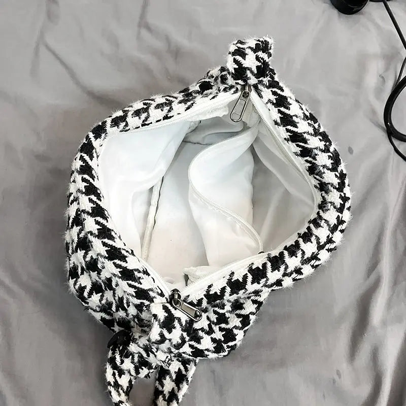 Houndstooth Crossbody Bag Wide-straps Zipper Vintage