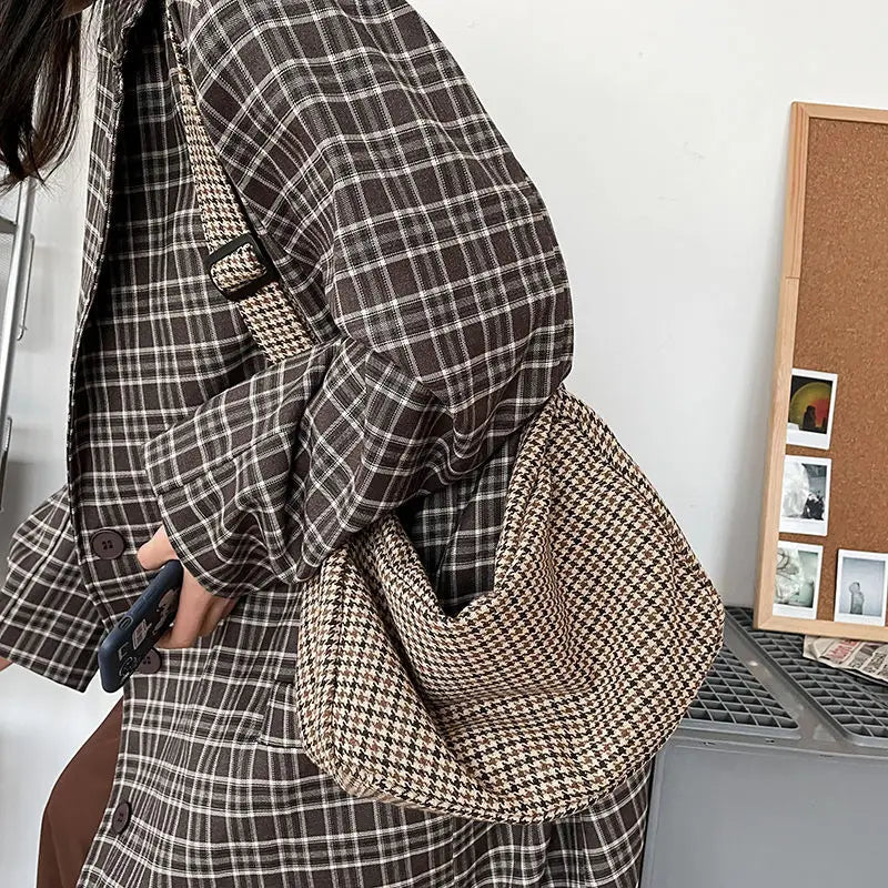 Houndstooth Crossbody Bag Wide-straps Zipper Vintage