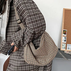 Houndstooth Crossbody Bag Wide-straps Zipper Vintage